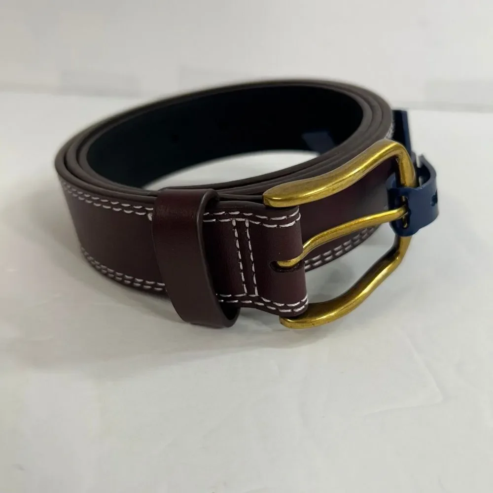 Club‎ Room Double-Stitch Belt Mens Large 38-40 Burgundy Leather Gold Buckle